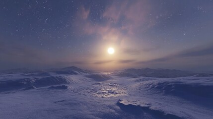 A serene winter landscape under a starry sky with a glowing sun.