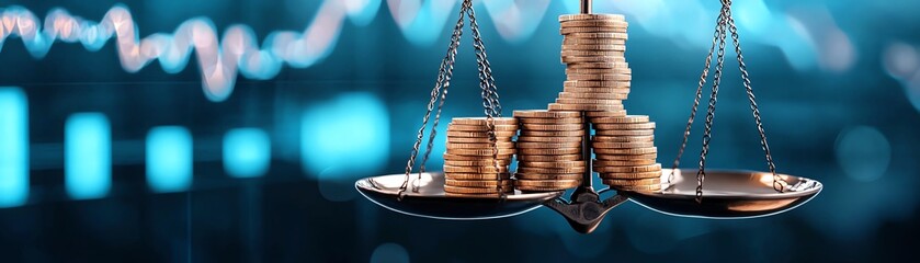 A scale balances stacks of coins, symbolizing financial justice and the weighing of wealth in a modern, digital context.