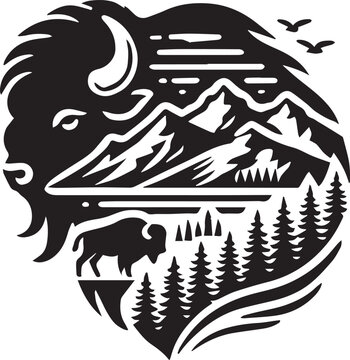 A bison head silhouette merged with mountain landscape elements