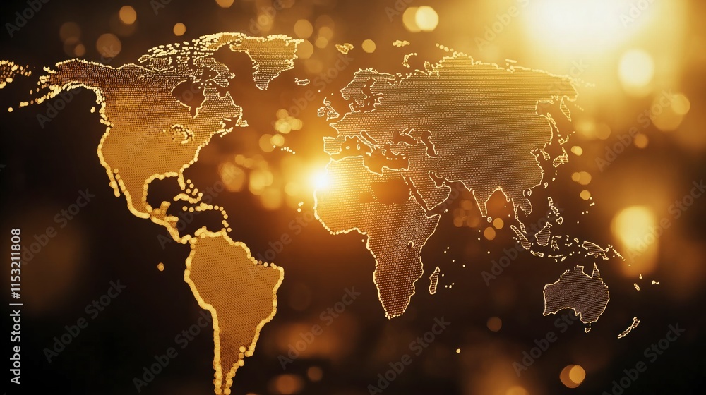 Poster golden world map overlay with cultural patterns and gigapixel style for design and artistic projects