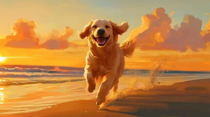 A happy golden retriever running on a beach at sunset, heartwarming illustration