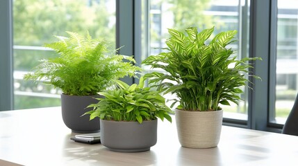 Fototapeta premium Lush Green Plants on Modern Desk Setup Creating a Refreshing Atmosphere in Contemporary Workspace with Natural Light Enhancing Productivity and Calmness