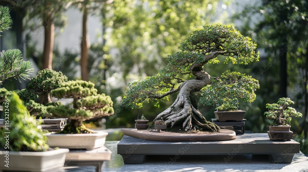 Poster a serene garden with bonsai trees and tools for trimming and shaping neatly arranged, a tranquil out