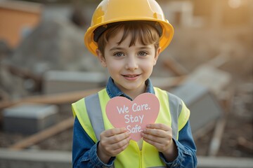 A little boy wearing a yellow hard hat and a reflective safety vest, holding a heart-shaped card with the words 'We Care, Stay Safe' , Depicting Safety Matters, National Safety Day
