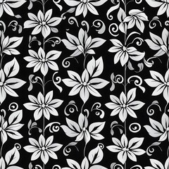 Obraz premium Floral Elegance: A seamless pattern of delicate white flowers and elegant swirls on a black background. A timeless design that evokes a sense of refinement and sophistication. 
