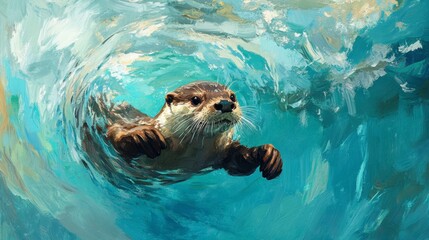 A playful otter swimming in a clear blue river, impressionistic art style