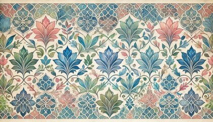 A vibrant tapestry featuring intricate Mughal-inspired floral motifs in blue, green, and pink. The design evokes the lush gardens and ornate architecture of the Mughal Empire.