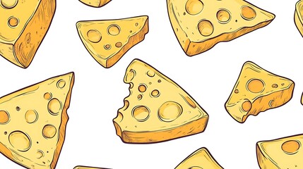 Seamless pattern of hand-drawn cheese wedges with holes on white background.
