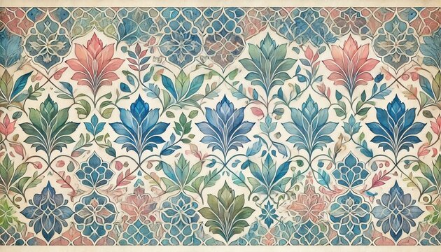 A vibrant tapestry featuring intricate Mughal-inspired floral motifs in blue, green, and pink. The design evokes the lush gardens and ornate architecture of the Mughal Empire.