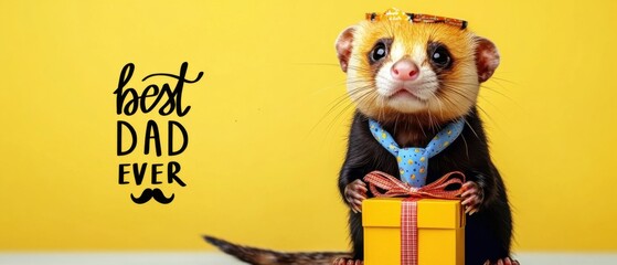Adorable Ferret Dad Holding Gift Celebrates Fathers Day