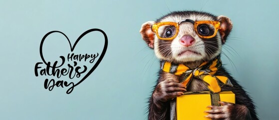 Happy Fathers Day: Ferret in Glasses Holding Gift Box