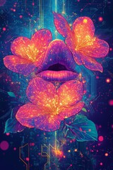 Fototapeta premium Vivid neon lilies intertwine, radiating colors in a cyberpunk aesthetic. This artwork merges floral beauty with futuristic technology, perfect for Valentine's Day celebrations. Generative AI