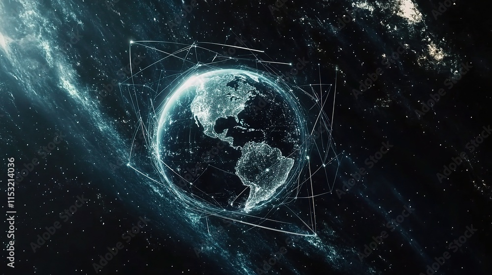 Poster earth surrounded by connection lines and geometric circles in space
