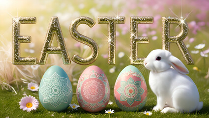 Happy Easter, Easter Gold word Standing on Grass Against Bunny and Eggs, Generative Ai