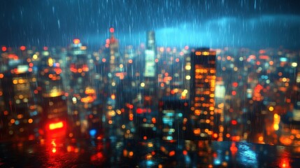 Obraz premium Rain-soaked city at night, blurred lights.