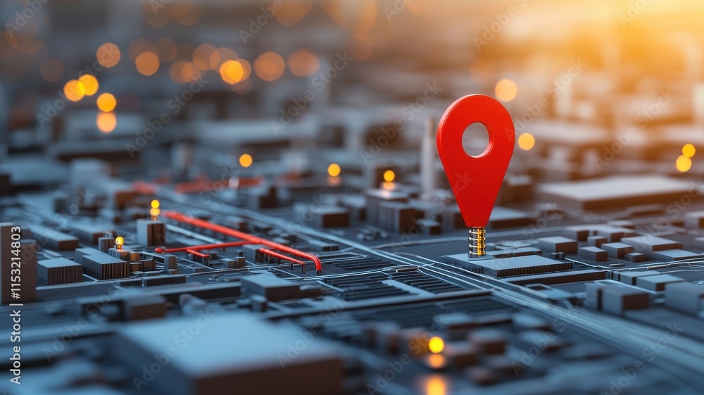 Poster red location pin on a city map with a blurred background and soft evening light.