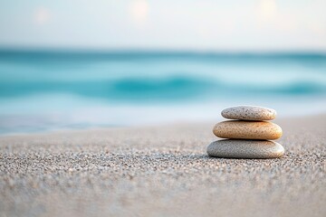 Three smooth stones stacked on sandy beach with ocean waves in the background.