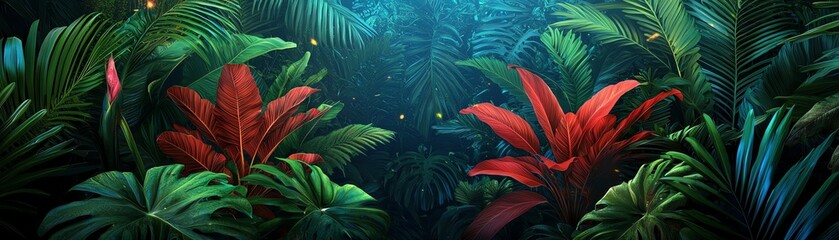Lush tropical foliage featuring vibrant red and green plants, set against a serene, illuminated background of blues and greens.