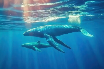 Fototapeta premium Two whales swimming gracefully underwater in serene blue waters.