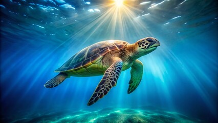 Majestic Green Sea Turtle Gracefully Swimming Underwater, Sunbeams Illuminating Ocean Scene