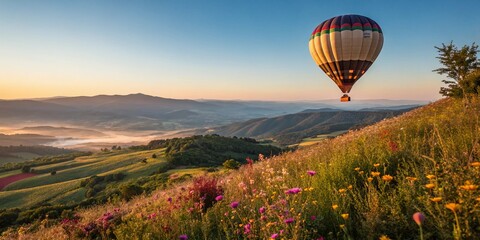Obraz premium Majestic Hot Air Balloon Soaring Over Breathtaking Landscape at Sunrise