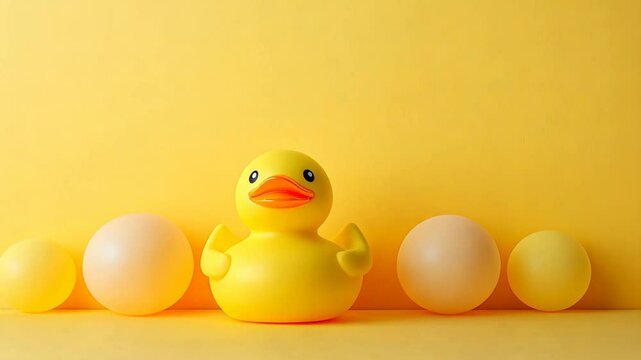 Bright yellow rubber duck surrounded by white balls on a sunny background in a playful setting
