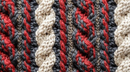 Close-up shot of knitted fabric with a cable knit pattern.