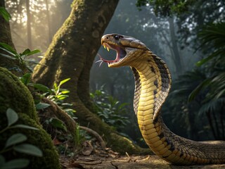 Fototapeta premium Majestic King Cobra Rearing in Asian Jungle - Wildlife Stock Photo
