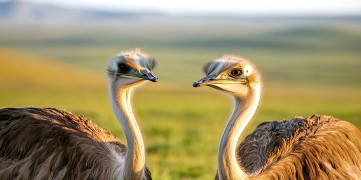Two ostriches standing close together in a natural landscape, with soft blurred green hills in the background. Concept Ostriches in Nature, Close-Up Wildlife, Soft Green Hills, Natural Habitat
