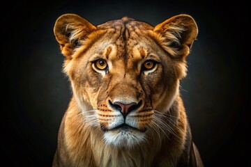 Obraz premium Majestic Lioness Close-Up: Dark Background Low Light Wildlife Photography