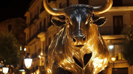Bronze Bull Statue Under the Night Sky