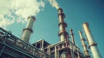 Industrial Complex with Tall Chimneys Against a Blue Sky
