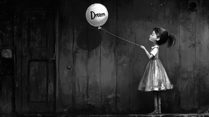 A girl stands in a field at night, holding a thread from a red balloon marked with Dream. The twinkling stars enhance the enchanting feeling of her hopeful gaze into the sky.