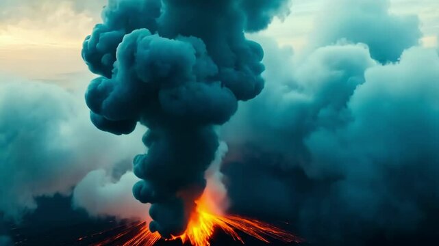 Erupting volcano releases massive plume of smoke and ash over landscape during daytime