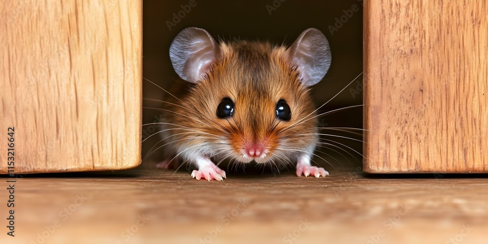 Poster a close-up of a small mouse peeking out from between two wooden blocks. its large eyes and rounded e