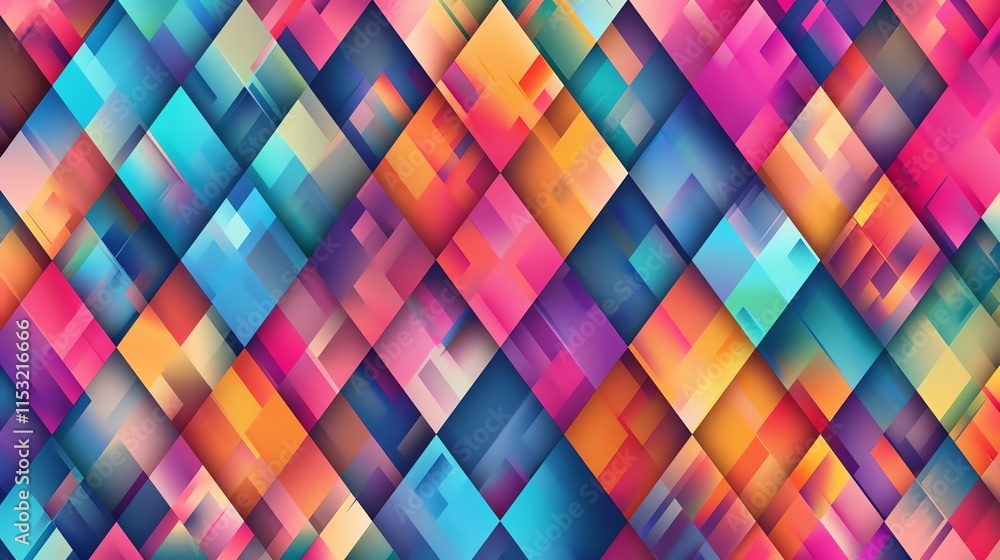 Poster a geometric pattern of colorful squares in a diagonal arrangement.