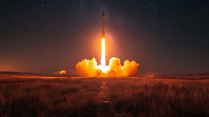 Obraz premium Rocket Launch Under Night Sky Starry Expanse