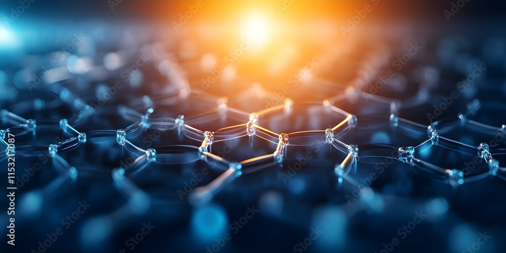 Poster a close-up view of interconnected molecular structures, illuminated by glowing light, resembling a f