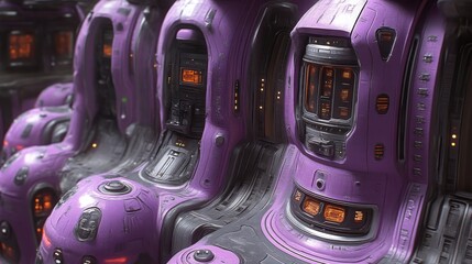 Row of purple futuristic pods with glowing orange controls.
