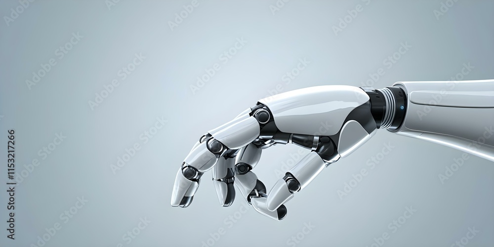 Poster a futuristic robotic hand with articulated fingers, designed for precision and dexterity, featuring 