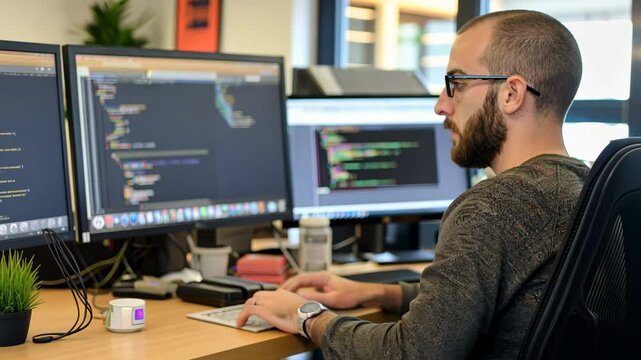 A Developer Working Diligently on a Coding Project in a Modern Office Environment During the Afternoon