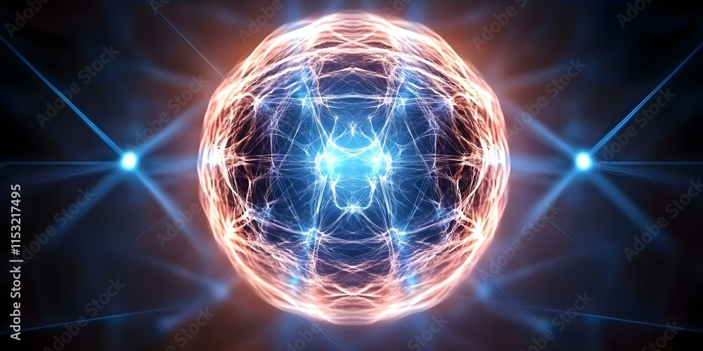 Poster a visually striking representation of an atom or energy sphere with glowing lines and luminous parti