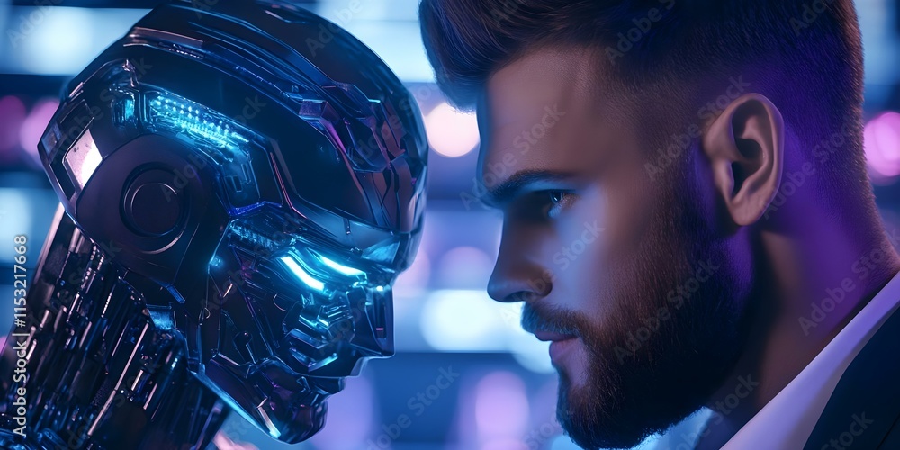 Poster a futuristic scene featuring a close-up of a man and a humanoid robot with glowing features, highlig