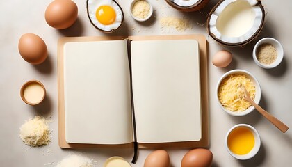 An open cookbook or recipe journal surrounded by scattered keto ingredients 