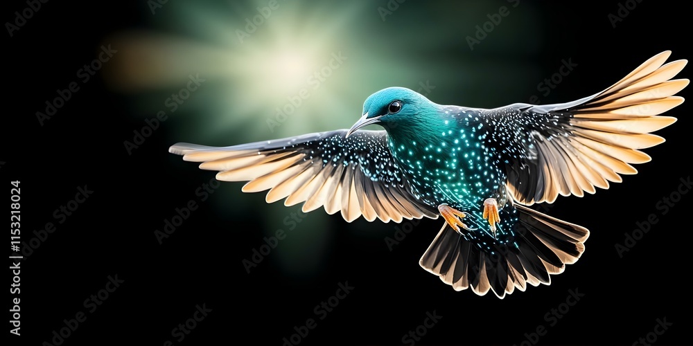 Poster a colorful bird with iridescent feathers and striking wing patterns, flying against a dark backgroun