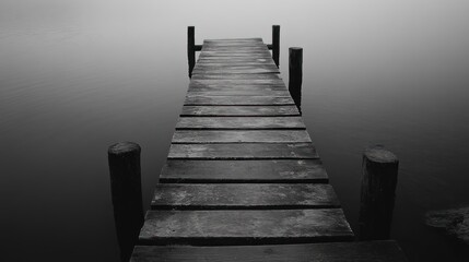 Fototapeta premium A serene wooden dock extends into a calm, misty water landscape, evoking tranquility.