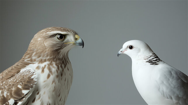 A hawk and a dove, looking at each other, against a gray background. Hawks and doves, monetary policy concepts