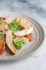 Presented on a speckled plate, this Caesar salad combines the rich flavors of grilled chicken slices with the freshness of cherry tomatoes and the soft texture of boiled eggs