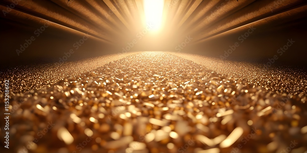 Poster a sunlit path covered in golden particles or bars, creating a shimmering, inviting atmosphere. conce
