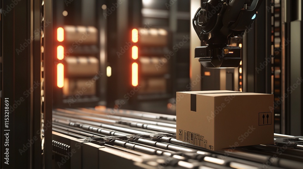 Poster efficient industrial robot arm grabbing cardboard box in action